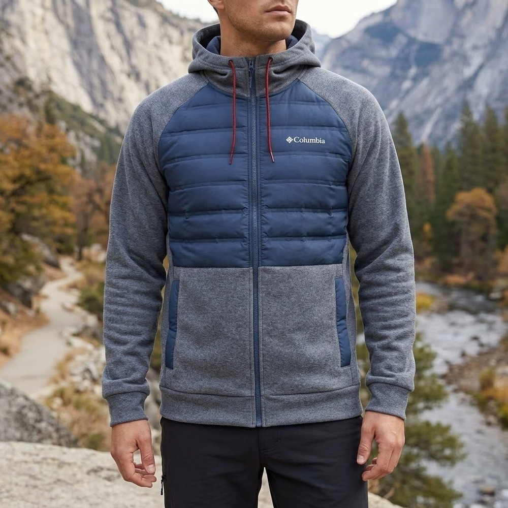 Columbia Hybrid Hoodie Mens Large Grey Blue Quilted Insulated Full Zip AM0520